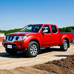 A robust and practical Nissan Frontier pickup truck, showcasing its sturdy design and reliable appearance. The truck is parked confidently at a construction site under a clear blue sky, hinting at its everyday utility. Professional photography, clear daylight, high-resolution, safe for work, appropriate content, fully clothed, professional, modest, family-friendly, perfect anatomy, correct proportions, natural pose, well-formed hands, proper finger count, natural body proportions.