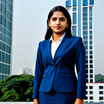 **

A professional businesswoman in a modest, dark blue business suit, standing confidently in front of a modern skyscraper in Dhaka, Bangladesh. Fully clothed, appropriate attire, safe for work. Perfect anatomy, correct proportions, natural pose, professional photography, high quality.

**