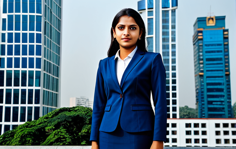 **

A professional businesswoman in a modest, dark blue business suit, standing confidently in front of a modern skyscraper in Dhaka, Bangladesh. Fully clothed, appropriate attire, safe for work. Perfect anatomy, correct proportions, natural pose, professional photography, high quality.

**