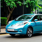 니산 리프의 글로벌 전기차 시장 점유율 - "A sleek Nissan Leaf electric car parked in a vibrant, modern city street in Dhaka, Bangladesh. Lush...