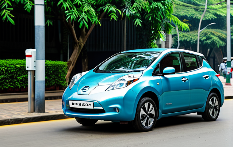 니산 리프의 글로벌 전기차 시장 점유율 - "A sleek Nissan Leaf electric car parked in a vibrant, modern city street in Dhaka, Bangladesh. Lush...