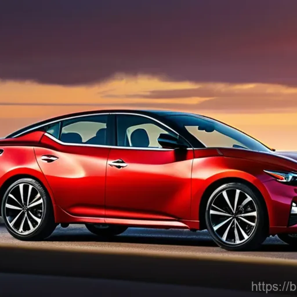 니산 맥시마와 도요타 아발론 비교 - **Prompt:** A sleek, dynamic Nissan Maxima SR in a vibrant "Coulis Red" color, captured from a low-a...