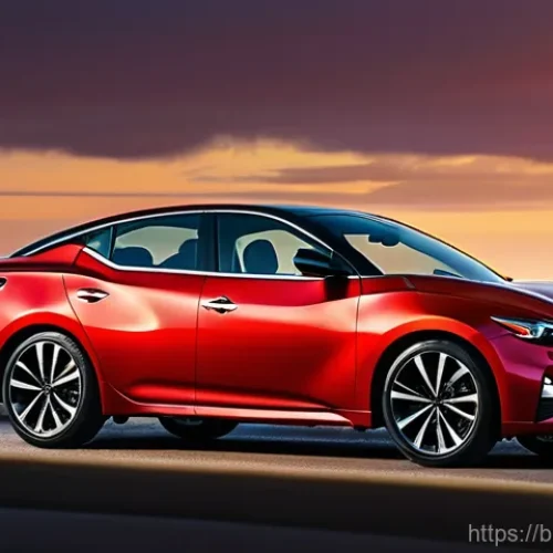 니산 맥시마와 도요타 아발론 비교 - **Prompt:** A sleek, dynamic Nissan Maxima SR in a vibrant "Coulis Red" color, captured from a low-a...