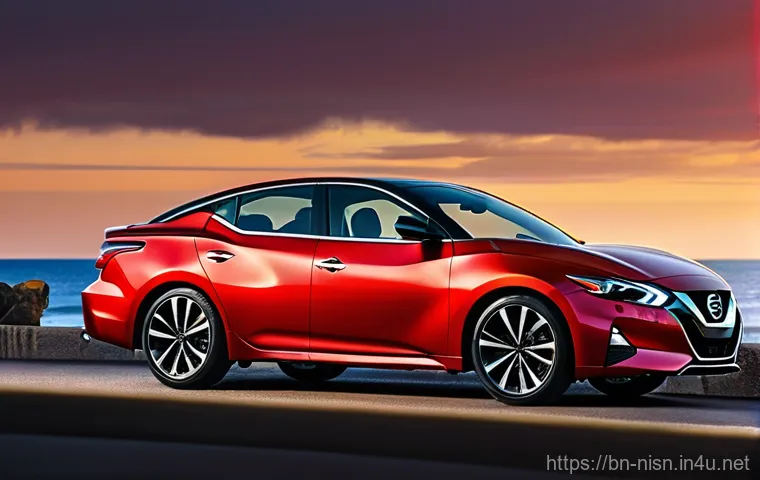 니산 맥시마와 도요타 아발론 비교 - **Prompt:** A sleek, dynamic Nissan Maxima SR in a vibrant "Coulis Red" color, captured from a low-a...