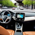 니산 리프의 최신 소프트웨어 업데이트 - **Prompt:** A sleek, modern Nissan Leaf effortlessly navigating a bustling yet organized city street...