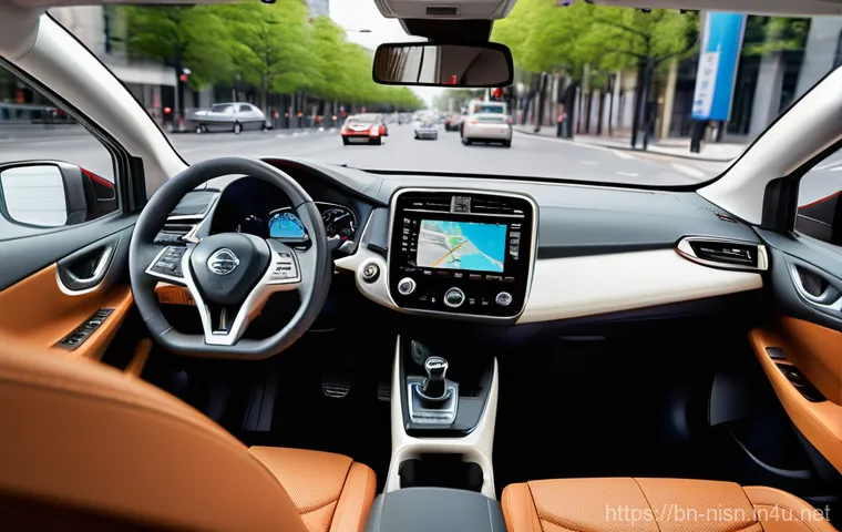 니산 리프의 최신 소프트웨어 업데이트 - **Prompt:** A sleek, modern Nissan Leaf effortlessly navigating a bustling yet organized city street...