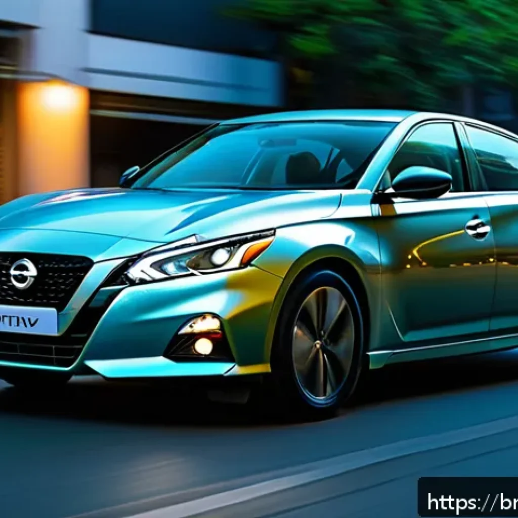 니산 알티마 하이브리드 출시 가능성 - A sleek, modern Nissan Altima Hybrid driving smoothly on a busy urban street in Bangladesh, featurin...