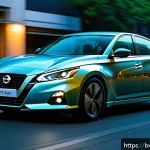 니산 알티마 하이브리드 출시 가능성 - A sleek, modern Nissan Altima Hybrid driving smoothly on a busy urban street in Bangladesh, featurin...