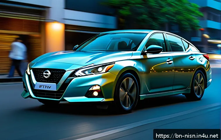 니산 알티마 하이브리드 출시 가능성 - A sleek, modern Nissan Altima Hybrid driving smoothly on a busy urban street in Bangladesh, featurin...