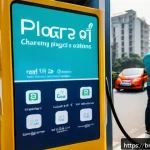 니산 리프의 충전소 위치 확인 방법 - A detailed urban scene showing a Bengali man using a smartphone app like PlugShare to find electric ...