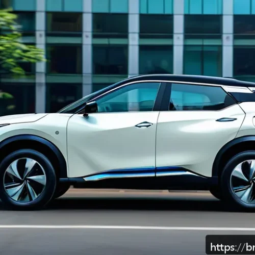니산 아리아와 테슬라 모델 Y 비교 - A sleek Nissan Ariya electric SUV parked on a bustling city street in Bangladesh, showcasing its cla...