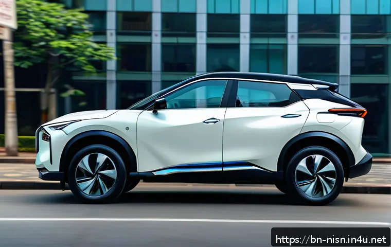 니산 아리아와 테슬라 모델 Y 비교 - A sleek Nissan Ariya electric SUV parked on a bustling city street in Bangladesh, showcasing its cla...