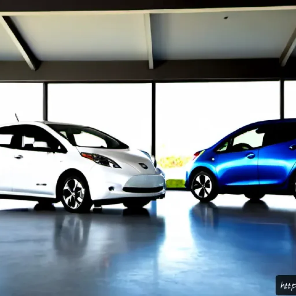 니산 리프와 쉐보레 볼트 EV 비교 - Photorealistic automotive comparison scene, a compact white Nissan Leaf-style electric hatchback and...