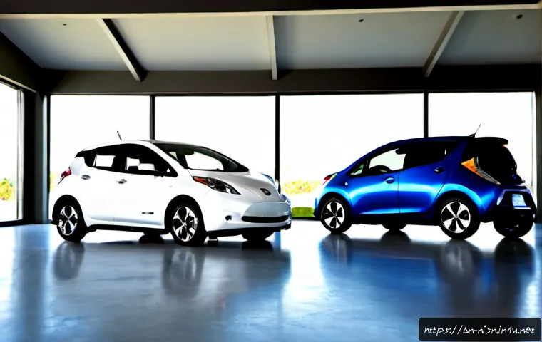 니산 리프와 쉐보레 볼트 EV 비교 - Photorealistic automotive comparison scene, a compact white Nissan Leaf-style electric hatchback and...