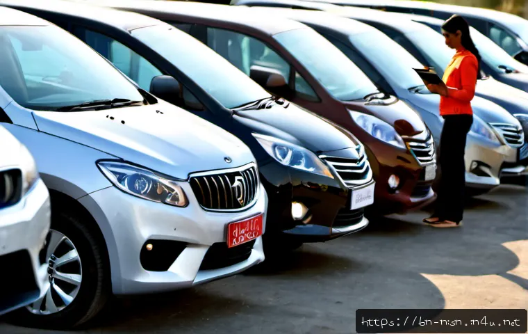 니산 알티마의 중고차 시세 - Photorealistic used midsize sedan valuation scene, a clean silver four-door family sedan parked at a...
